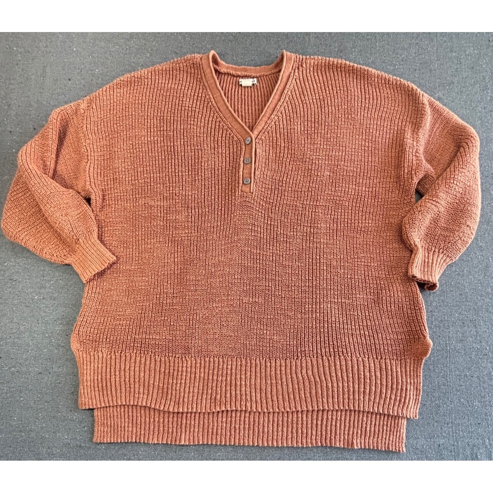 American Eagle Henley Sweater Unisex  Rust Orange Shaker Stitch Knit V-Neck Med